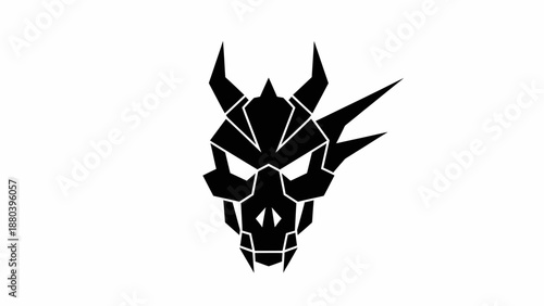 Black graphic illustration of a futuristic dragon head with sharp horns on a white