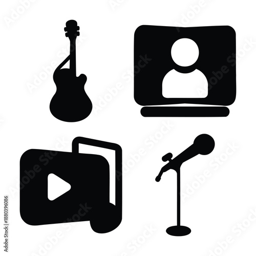 Essential digital icons representing music, video, online content, and performance
