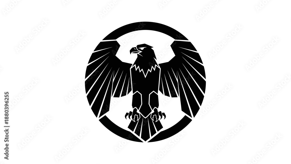Obraz premium Black silhouette of an eagle with spread wings in a circle on white background.