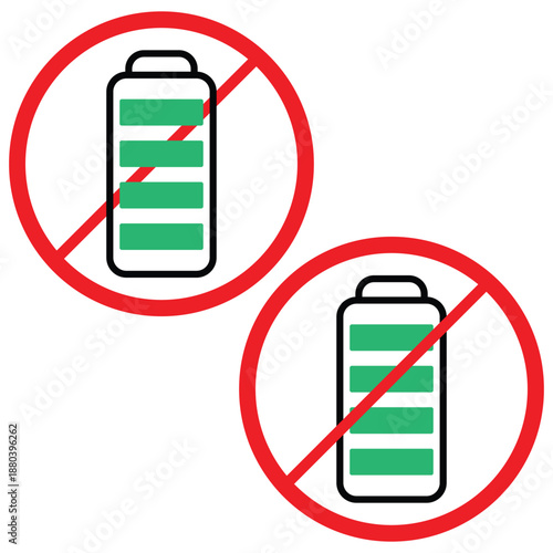 Two graphic symbols indicating prohibition of battery power or low energy levels isolated on a white background