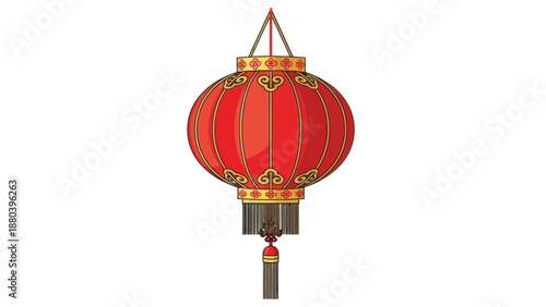 Traditional Chinese Red Lantern with Golden Ornaments Hanging