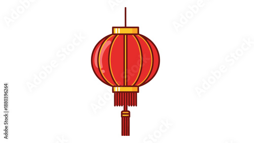 Red Chinese Lantern with Gold Trim and Tassel Isolated on White Background