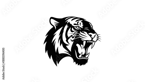 Vector illustration of a roaring tiger head in black and white on a solid background.