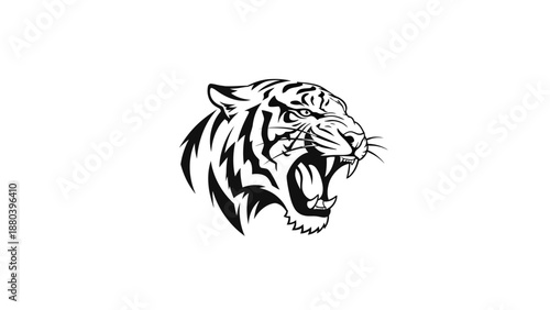 A black and white illustration of a roaring tiger's head in a graphic style against a