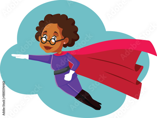 Vector Superhero Grandma Flying Through the Sky Wearing a Cape.  Cheerful cartoon senior lady gliding through the sky in her superheroine suit 
