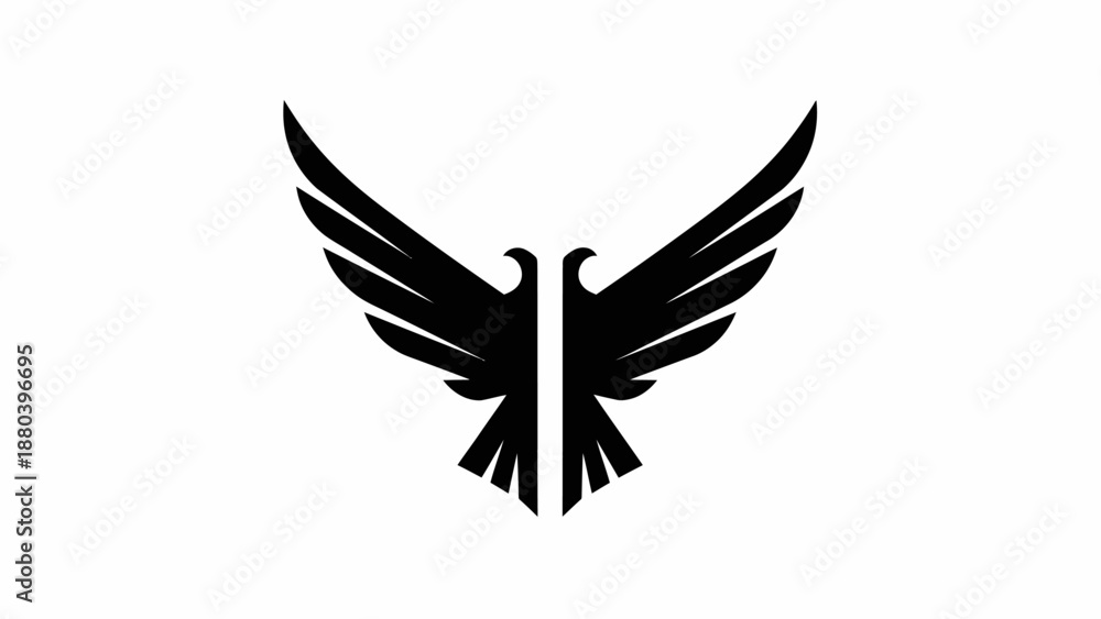 Obraz premium Black silhouette of a stylized bird with spread wings on a white background.