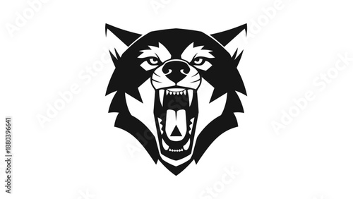 Graphic illustration of a snarling wolf's head in black and white on a plain background.