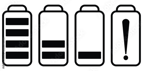 Four battery charge level indicators showing full to very low power with one showing an alert symbol