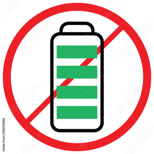 A stylized graphic symbol of a battery with green charge indicators inside a red prohibition circle