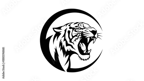 Black and white illustration of a roaring tiger's head in a circular frame on a white