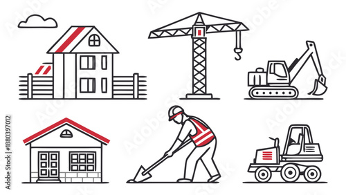 Construction site with various equipment and workers Vector