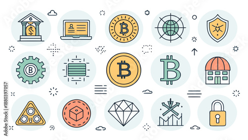 Illustration of various cryptocurrency concepts Vector