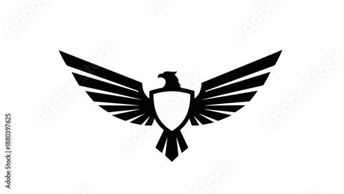 Black silhouette of a bird with outstretched wings and shield on white background