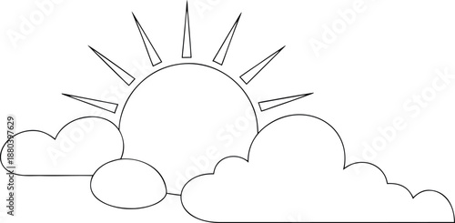 realistic one line art sun with cloud sketch continuous  on white background