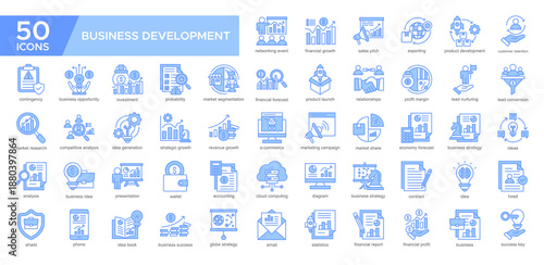 Business Development collection set. Networking Event, Financial Growth ,Product Development, Cuatomer Retntion, Relationship, Business Strategy , Ideas, Analysis, icon. Simple Blue vector illustratio