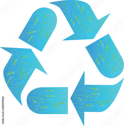 Dynamic eco-friendly recycling symbol formed by floating digital particles and bright emerald neon electrical circuits. high-tech science fiction design, ecology, sustainability, blue element