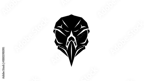 Black and white illustration of a stylized bird-like mask on a plain white background.