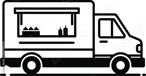 Black food truck icon, mobile kitchen, catering service