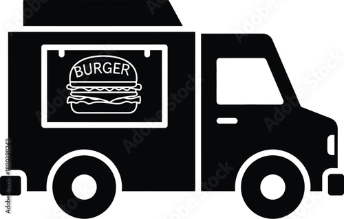 Black food truck with burger sign, mobile catering and fast food