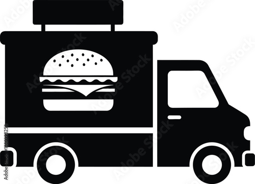 Black food truck with burger graphic, mobile catering and delivery