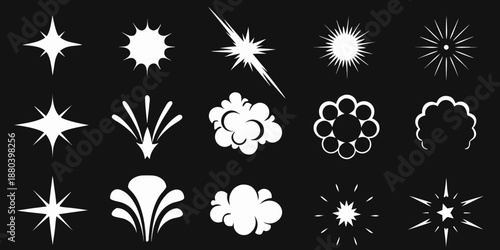Collection of white starbursts sparkles and floral explosion shapes on black