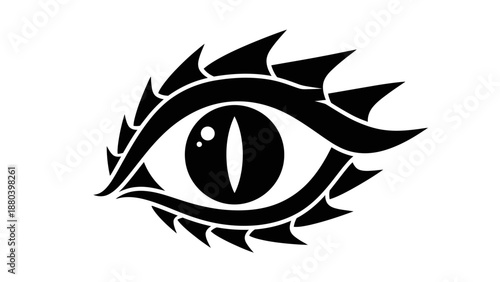 A stylized black and white illustration of an eye with sharp thorn-like protrusions.