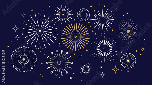 A beautiful collection of golden and white firework illustrations on dark blue