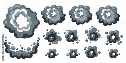 Collection of gray explosion effects and smoke cloud illustrations in varying sizes