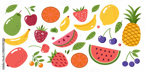 A colorful assortment of fresh fruits including berries citrus and tropical options
