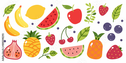 Colorful assortment of fresh fruits including banana strawberry and pineapple