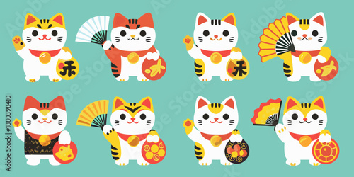 Collection of adorable maneki neko cats in various poses and colors