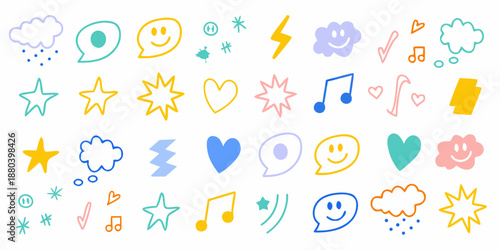 Colorful doodle icons featuring weather symbols stars hearts and happy faces