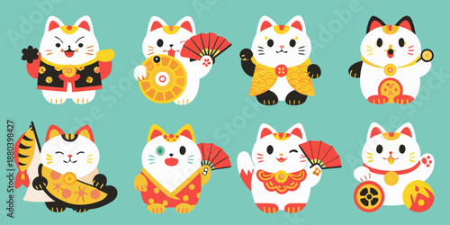 Colorful maneki neko cats in traditional japanese attire waving for good luck