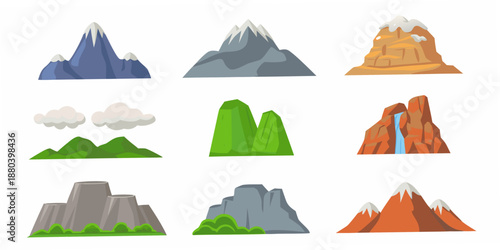 Colorful cartoon mountains and landscape elements arranged in a grid pattern