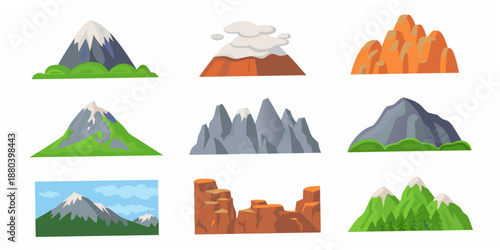Photography Colorful cartoon mountains and hills illustration with varied shapes and texture