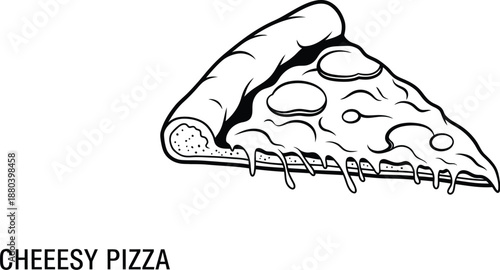 Cheesy pizza slice with pepperoni, outline style, delicious food
