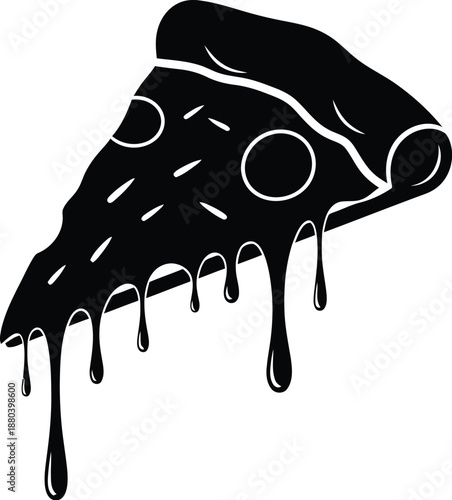 Dripping black pizza slice, savory food with cheese and pepperoni