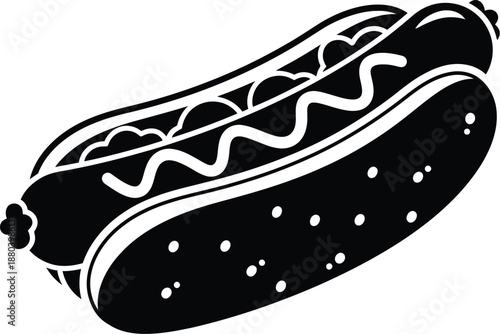 Monochrome hotdog with mustard, simple food illustration, fast food icon