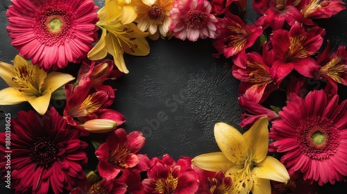 Floral Composition with Red Gerbera Daisies Yellow Lilies and Red Alstroemeria Flowers Arranged in a Circle on a Dark Glittering Background