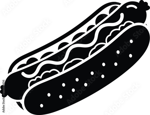 Black hotdog with mustard and ketchup, fast food icon, silhouette