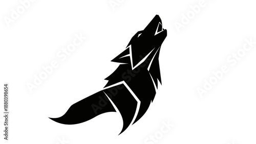 Black silhouette of a wolf howling upwards on a white background.