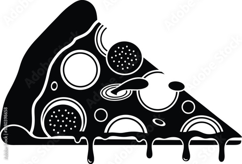 Graphic pizza slice with pepperoni and cheese, dripping deliciousness