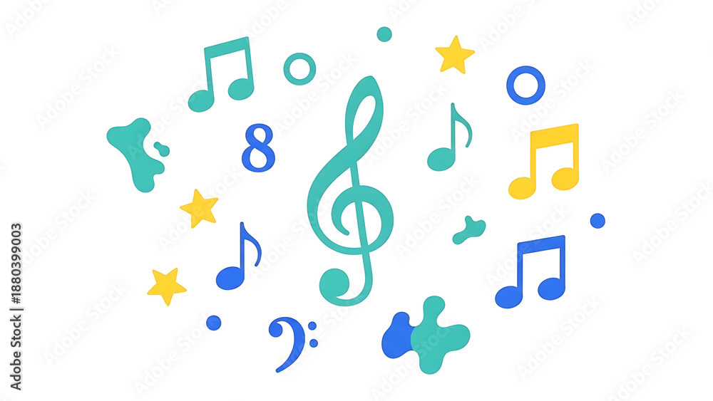 Fototapeta premium Hand drawn colorful music notes and stars in crayon style