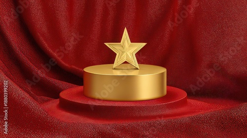 Golden Star Ornament on Golden Cylindrical Podium against Red Wavy Fabric Background with Ornate Texture and Soft Lighting for Holiday Celebration