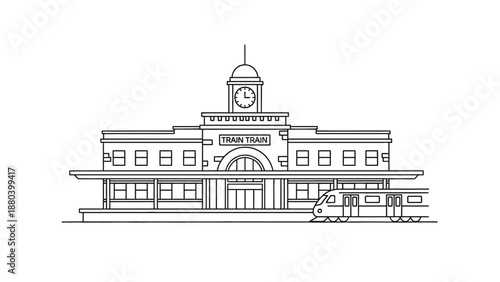 Detailed line drawing of a train station with clock tower and train.