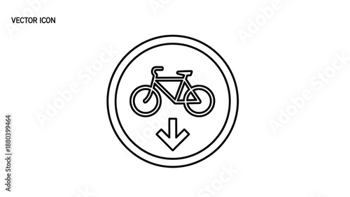 Simple black bicycle icon with downward arrow in circular frame.
