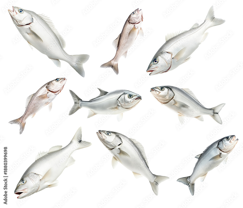 Fototapeta premium Set of Haddock fish isolated on white transparent background, concept of marine life