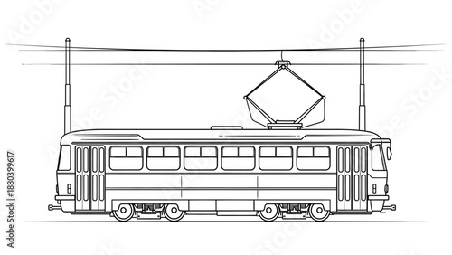 Detailed technical drawing of a trolleybus with overhead wires.