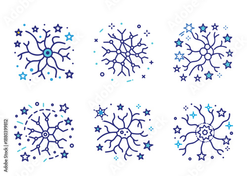 Set of illustrated abstract neurons or nerve cells with star accents