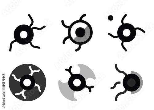 Six abstract germs or cells in black and grayscale on a white background